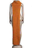 Red Women High Collar Mid Waist Sleeveless Pure Color Pullover Split Long Dress K066-1