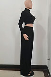 Grey Cotton Blend Casual Long Sleeve High Neck Crop Tops Wide Leg Pants Fashion Sets ALS268-1