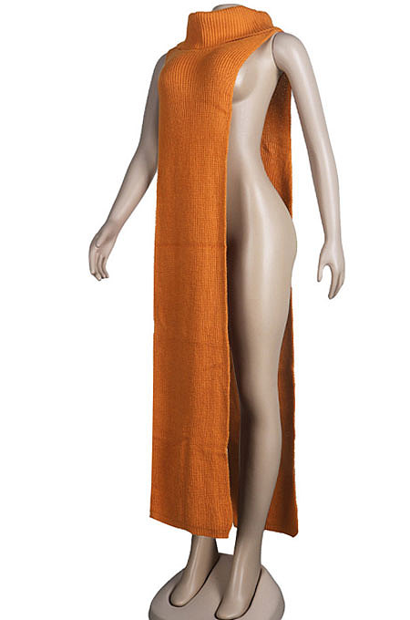 Apricot Women High Collar Mid Waist Sleeveless Pure Color Pullover Split Long Dress K066-4