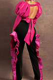 Neon Green Wholesale Sexy Puff Sleeve Low-Cut Back Bowknot Crop Tops Ruffle Pants Sets SZS8179-1