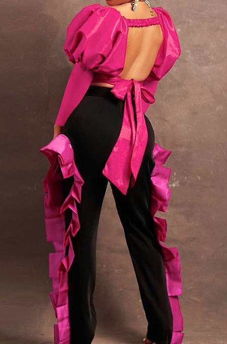 Neon Green Wholesale Sexy Puff Sleeve Low-Cut Back Bowknot Crop Tops Ruffle Pants Sets SZS8179-1