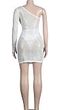 Black Women Sexy Euramerican Backless Hot Drilling Perspectivity Oblique Shoulder High Waist Mini Dress KA7199-3