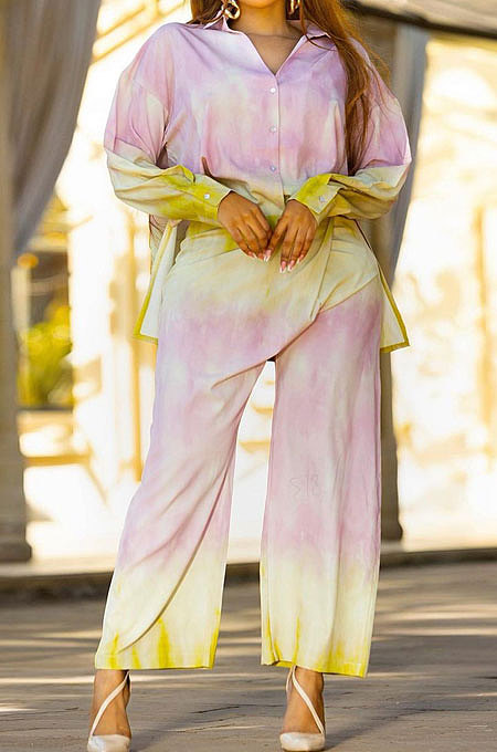 Yellow Personality Positioning Print Long Sleeve Lapel Neck Single-Breasted Shirts Wide Leg Pants Loose Sets SZS8181-2