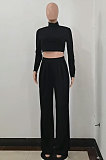 Grey Cotton Blend Casual Long Sleeve High Neck Crop Tops Wide Leg Pants Fashion Sets ALS268-1