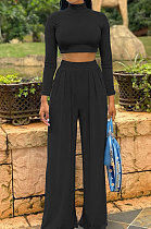 Black Cotton Blend Casual Long Sleeve High Neck Crop Tops Wide Leg Pants Fashion Sets ALS268-2