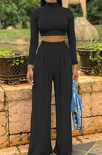 Black Cotton Blend Casual Long Sleeve High Neck Crop Tops Wide Leg Pants Fashion Sets ALS268-2