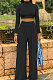Black Cotton Blend Casual Long Sleeve High Neck Crop Tops Wide Leg Pants Fashion Sets ALS268-2