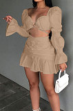 Black Sexy Cute Lantern Sleeve Strapless High Waist Ruffle Mini Skirts Solid Color Sets ALS267-6