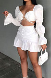 Black Sexy Cute Lantern Sleeve Strapless High Waist Ruffle Mini Skirts Solid Color Sets ALS267-6