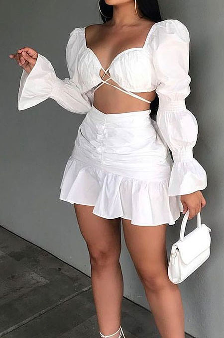 White Sexy Cute Lantern Sleeve Strapless High Waist Ruffle Mini Skirts Solid Color Sets ALS267-2
