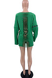Green Modest Casual Zipper Spliced Sleeve Backless Hollow Out Solid Color T-Shirts SXS6070