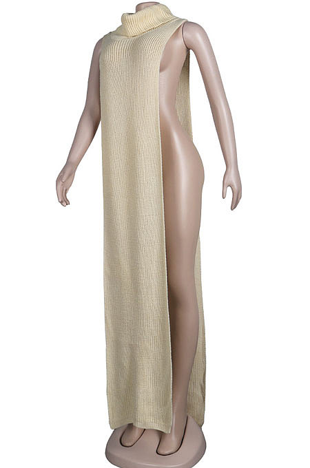 Apricot Women High Collar Mid Waist Sleeveless Pure Color Pullover Split Long Dress K066-4