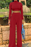Grey Cotton Blend Casual Long Sleeve High Neck Crop Tops Wide Leg Pants Fashion Sets ALS268-1