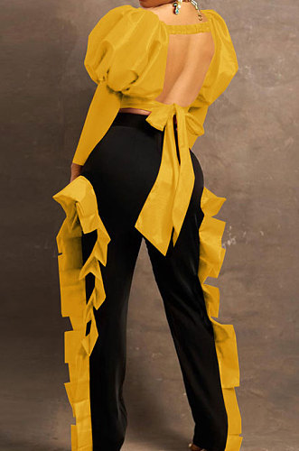 Orange Yellow Wholesale Sexy Puff Sleeve Low-Cut Back Bowknot Crop Tops Ruffle Pants Sets SZS8179-2
