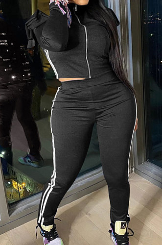 Black Autumn Winter Side Strip Spliced Long Sleeve Zip Front Coat Pencil Pants Sport Sets OEP6311-2