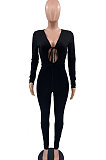 Black Cotton Blend Casual Long Sleeve Tide Collect Waist Solid Color Bodycon Jumpsuits SXS6072-1