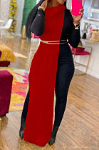Red Women High Collar Mid Waist Sleeveless Pure Color Pullover Split Long Dress K066-1