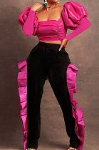 Rose Red Wholesale Sexy Puff Sleeve Low-Cut Back Bowknot Crop Tops Ruffle Pants Sets SZS8179-3