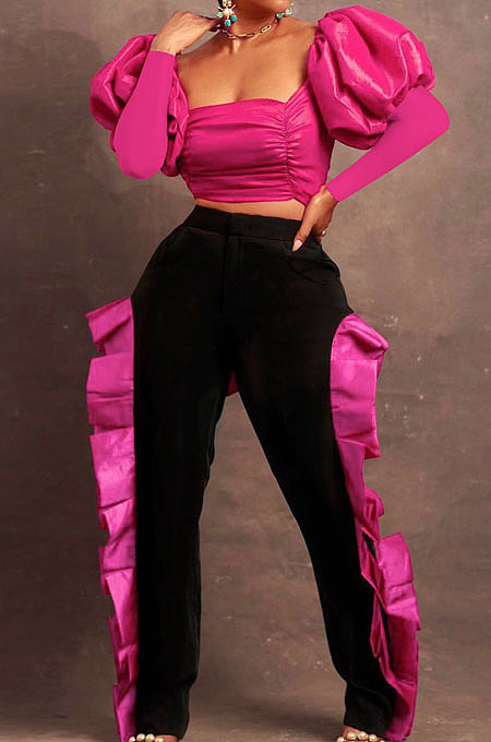 Rose Red Wholesale Sexy Puff Sleeve Low-Cut Back Bowknot Crop Tops Ruffle Pants Sets SZS8179-3