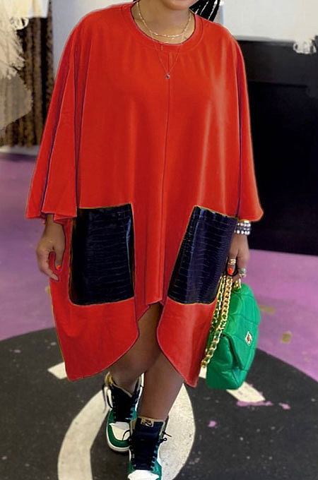 Red Women Fashion Simplee Solid Color Loose Round Collar Swing Spliced Mini Dress PU6095-2