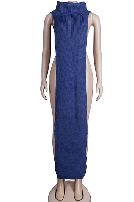 Apricot Women High Collar Mid Waist Sleeveless Pure Color Pullover Split Long Dress K066-4