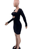 Black Fashion Pure Color Long Sleeve Strapless Slim Fitting Hip Dress SXS6071