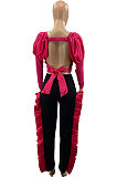 Neon Green Wholesale Sexy Puff Sleeve Low-Cut Back Bowknot Crop Tops Ruffle Pants Sets SZS8179-1