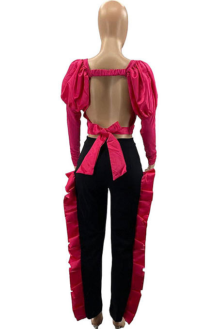 Neon Green Wholesale Sexy Puff Sleeve Low-Cut Back Bowknot Crop Tops Ruffle Pants Sets SZS8179-1