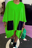 Light Blue Women Fashion Simplee Solid Color Loose Round Collar Swing Spliced Mini Dress PU6095-4