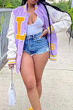 Purple Casual Letter Print Webbing Spliced Long Sleeve Cardigan Jacket Coat LSZ91187-2