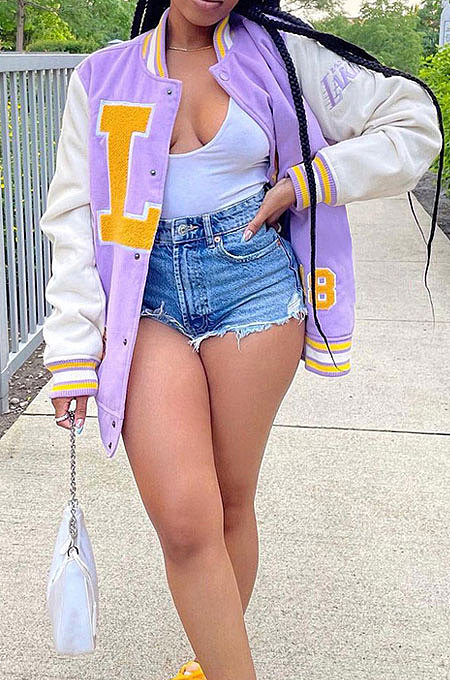 Purple Casual Letter Print Webbing Spliced Long Sleeve Cardigan Jacket Coat LSZ91187-2