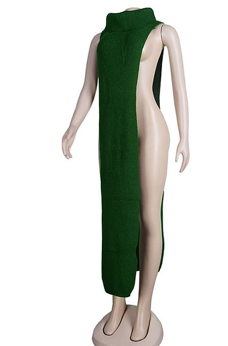 Apricot Women High Collar Mid Waist Sleeveless Pure Color Pullover Split Long Dress K066-4