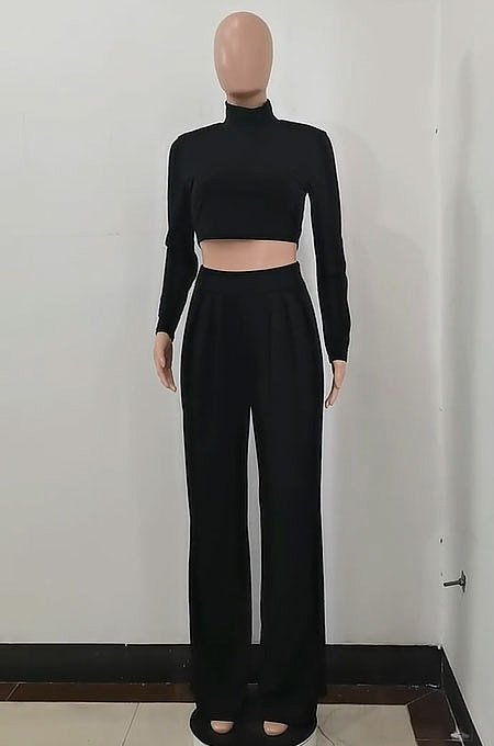 Wine Red Cotton Blend Casual Long Sleeve High Neck Crop Tops Wide Leg Pants Fashion Sets ALS268-5