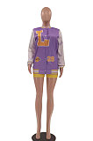 Purple Casual Letter Print Webbing Spliced Long Sleeve Cardigan Jacket Coat LSZ91187-2