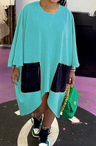 Light Blue Women Fashion Simplee Solid Color Loose Round Collar Swing Spliced Mini Dress PU6095-4