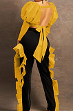 Neon Green Wholesale Sexy Puff Sleeve Low-Cut Back Bowknot Crop Tops Ruffle Pants Sets SZS8179-1