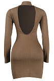 Brown Euramerican Sexy Women Ribber Solid Color Round Collar Backless Mini Dress KA7203-1