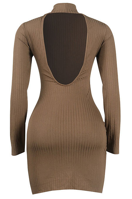 Brown Euramerican Sexy Women Ribber Solid Color Round Collar Backless Mini Dress KA7203-1