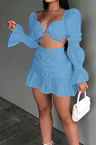 Black Sexy Cute Lantern Sleeve Strapless High Waist Ruffle Mini Skirts Solid Color Sets ALS267-6