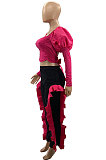 Neon Green Wholesale Sexy Puff Sleeve Low-Cut Back Bowknot Crop Tops Ruffle Pants Sets SZS8179-1