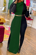 Green Women High Collar Mid Waist Sleeveless Pure Color Pullover Split Long Dress K066-3