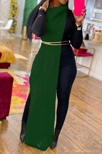 Green Women High Collar Mid Waist Sleeveless Pure Color Pullover Split Long Dress K066-3