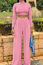 Pink Cotton Blend Casual Long Sleeve High Neck Crop Tops Wide Leg Pants Fashion Sets ALS268-3