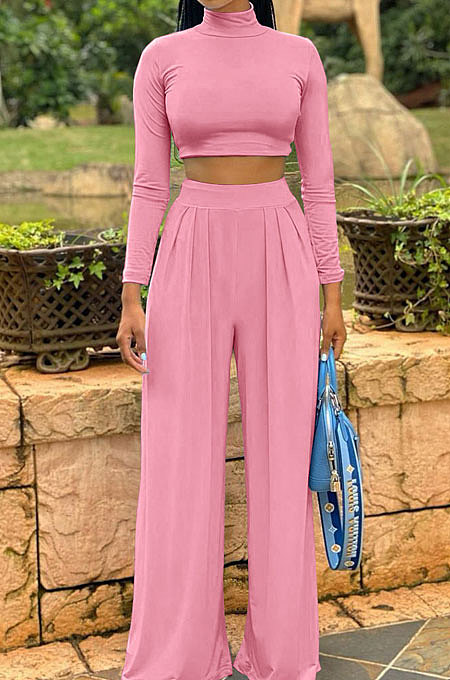 Wine Red Cotton Blend Casual Long Sleeve High Neck Crop Tops Wide Leg Pants Fashion Sets ALS268-5
