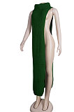 Red Women High Collar Mid Waist Sleeveless Pure Color Pullover Split Long Dress K066-1