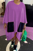 Purple Women Fashion Simplee Solid Color Loose Round Collar Swing Spliced Mini Dress PU6095-5