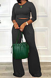 Rose Red Fashion Casual Long Sleeve Round Neck T-Shirts High Waist Wide Leg Pants Solid Color Sets TRS1179-1