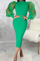 Green Wholesale New Mesh Spliced Puff Sleeve O Neck Collect Waist For Party Pencil Dress SMR10564-1