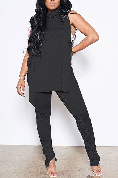 Black Personality Pure Color Sleeveless High Neck Tops Ruffle Trousers Casual Sets YYF8247-2