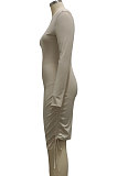 Green Cotton Blend Simple Long Sleeve Drawsting Solid Color Slim Fitting Hip Dress SMR10606-4